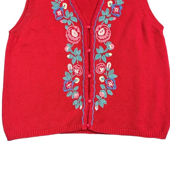 Vintage Eddie Bauer Womens M Red Sweater Button Vest Embroidered Cottagecore y2k - Picture 3 of 15
